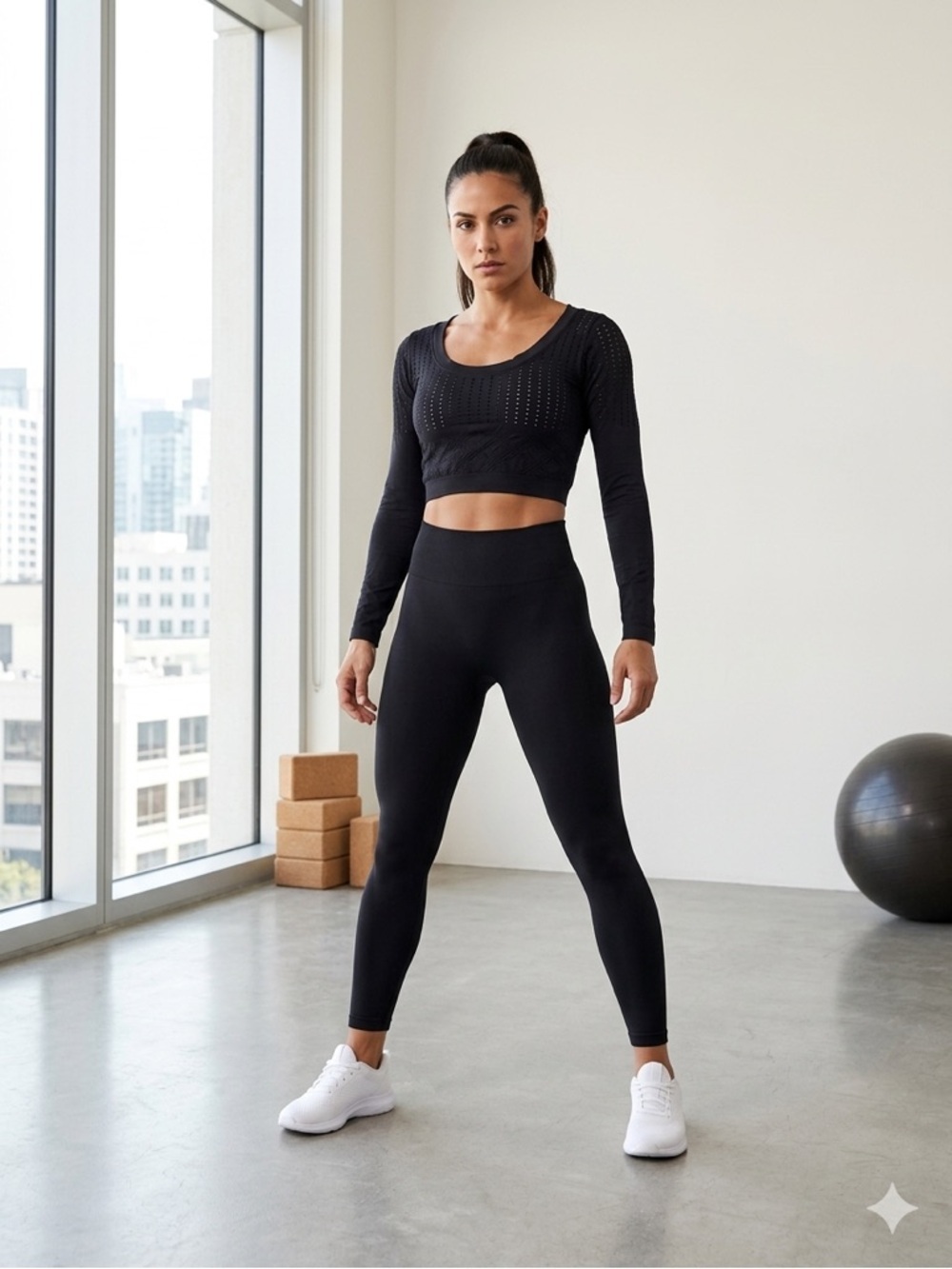 Black Pointelle Long Sleeve Crop Top Workout Yoga S - Picture 2 of 10
